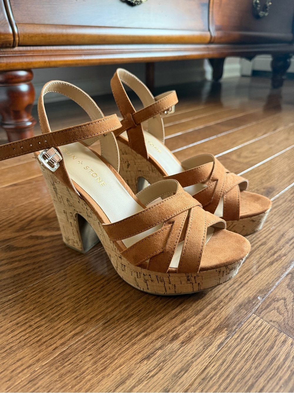 Sun + Stone Tan Suede Platform Sandals
